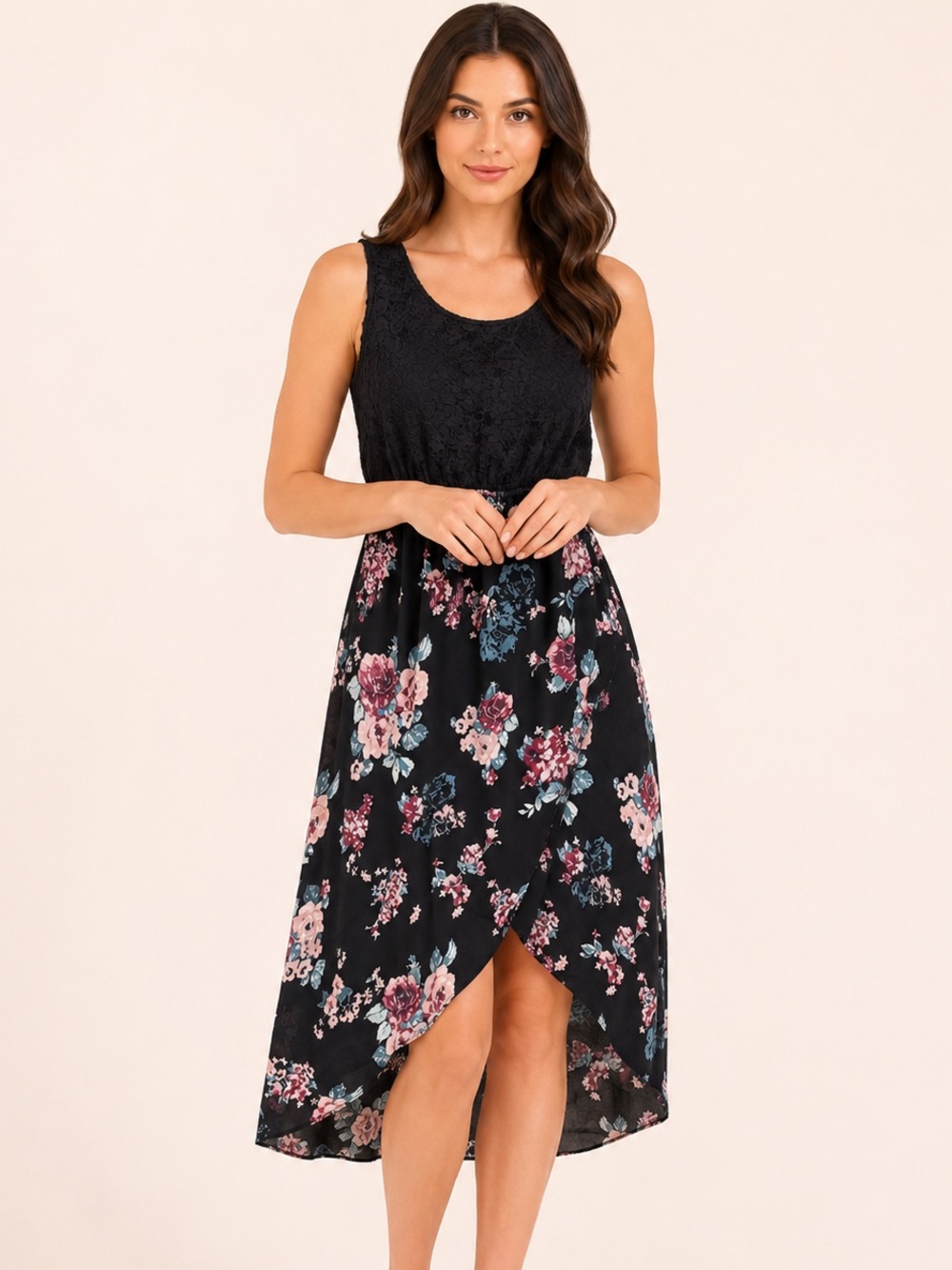 Kismet Black Lace Bodice Floral Asymmetrical Midi Dress